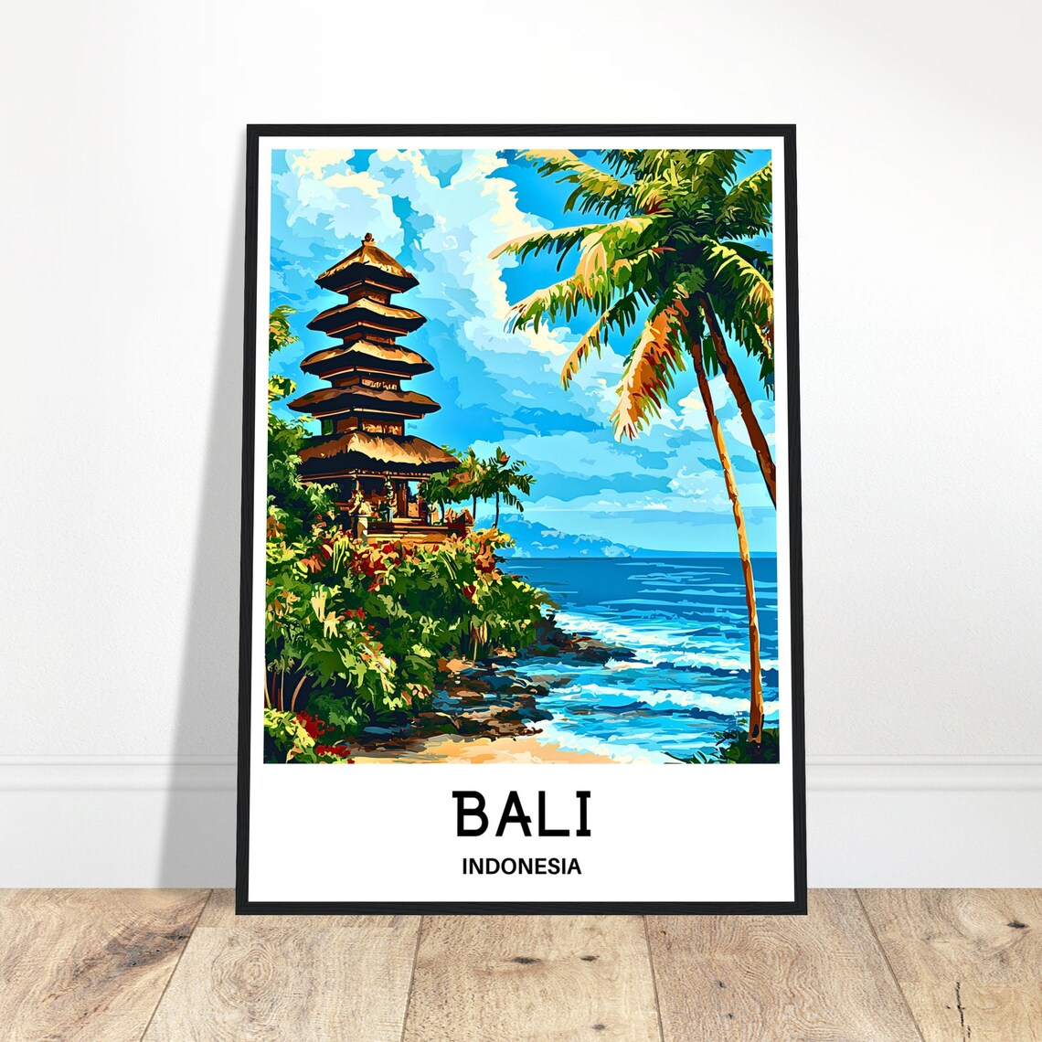 Bali Indonesia Temple Pagoda Palm Trees Ocean Coastline Travel Poster