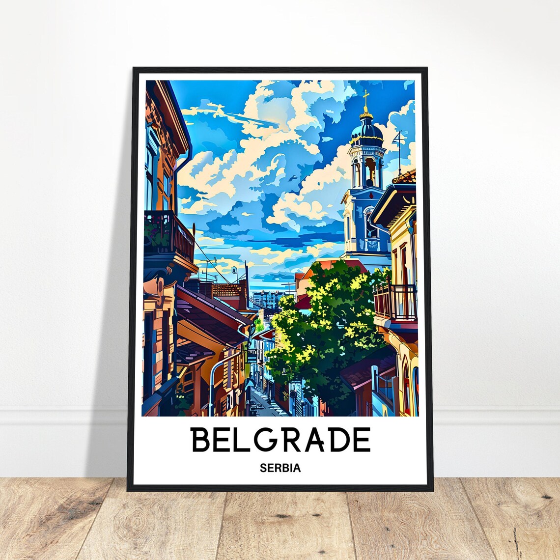 Belgrade Serbia Old Town Street With Church Tower Travel Poster