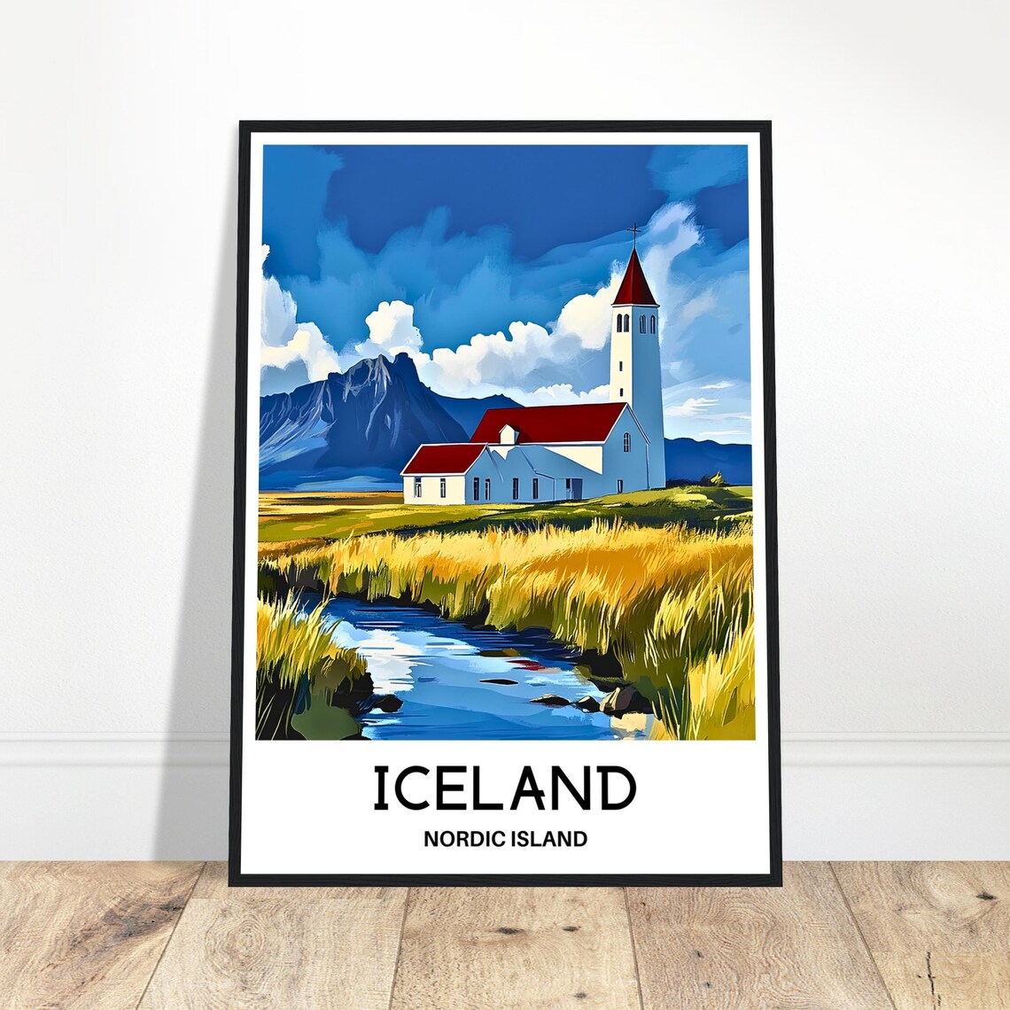 Iceland Nordic Island White Church Mountain Stream Scenic Poster