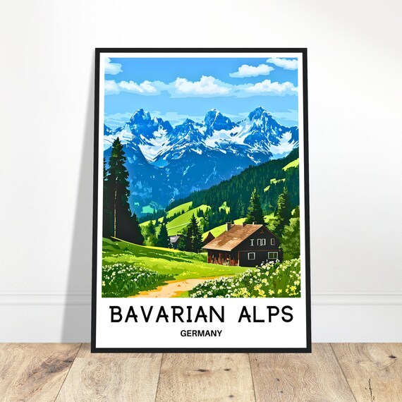 Bavarian Alps Travel Print Poster German Art Germany Lover Gift Wall Hanging Home Office Decor Bavaria Illustration