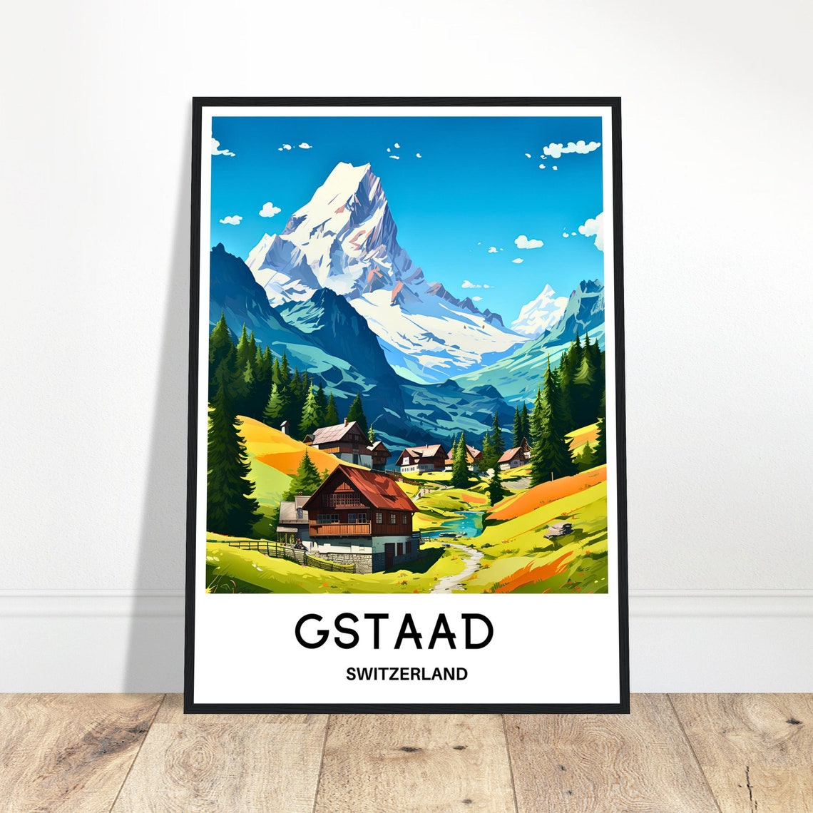 Gstaad Switzerland Alpine Chalets Beneath Snowy Peaks Poster