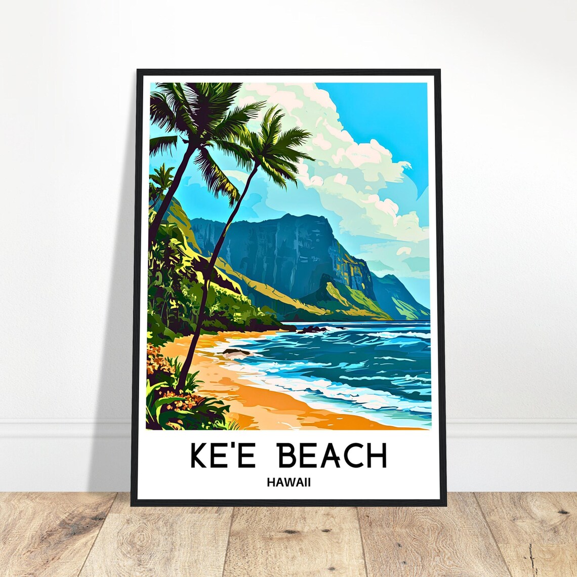 Kee Beach Hawaii Travel Poster Palm Cliff Coast Retro Vacation Decor