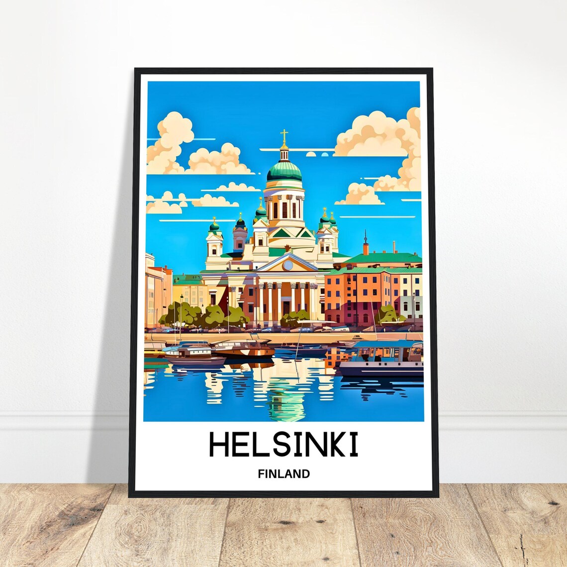 Helsinki Finland Cathedral Harbor Vintage Travel Illustration Poster