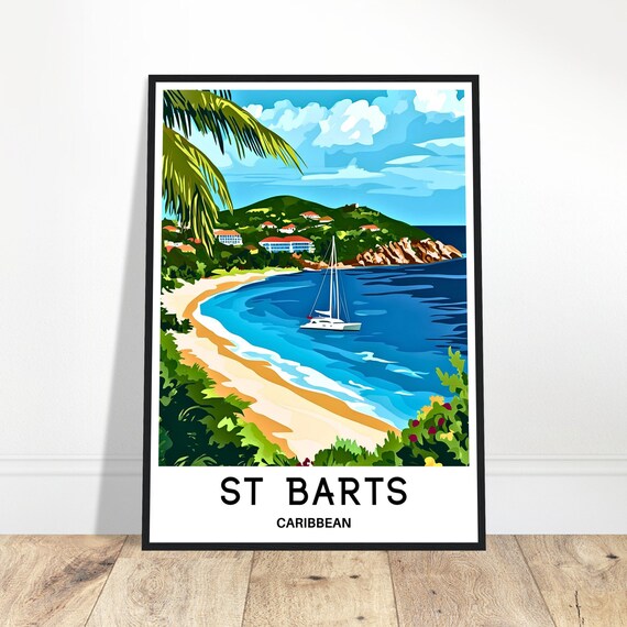 St Barts Caribbean Sailboat Turquoise Bay Palm Trees Lighthouse Travel Poster