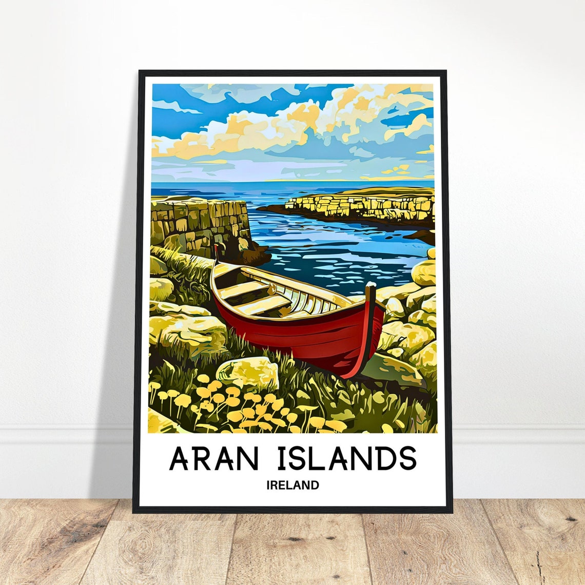 Aran Islands Ireland Red Currach Boat Rocky Coast Travel Poster
