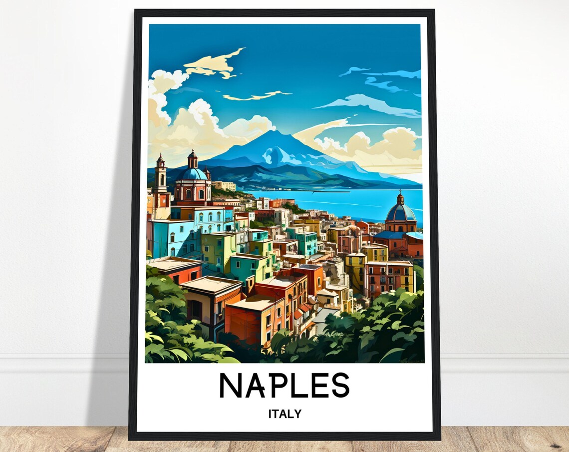 Naples Italy Colorful Old Town With Vesuvius View Travel Poster