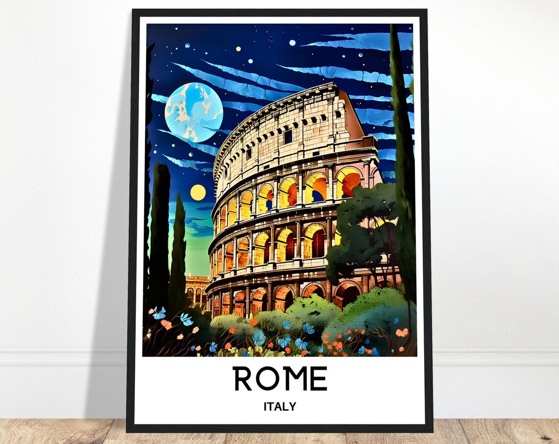 Rome Colosseum At Night Under The Moon Italy Travel Art Poster
