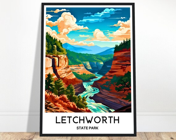 Letchworth State Park Gorge Waterfall New York Travel Poster