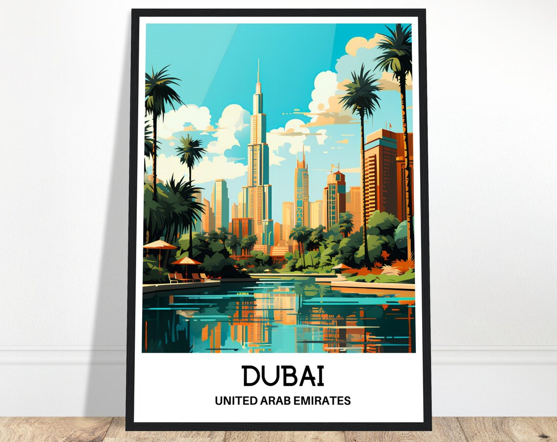 Dubai United Arab Emirates Skyline With Palms Reflecting Travel Poster