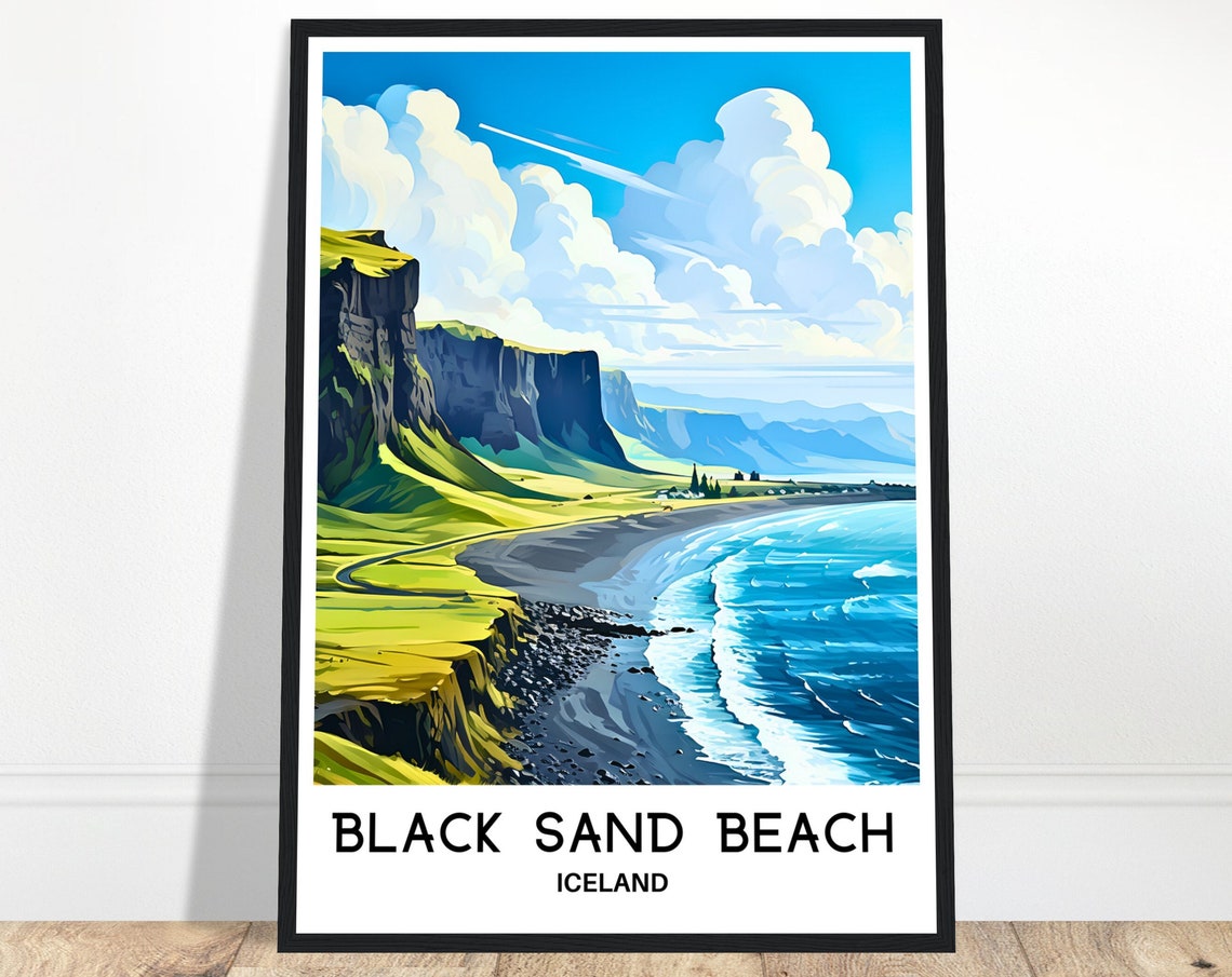 Black Sand Beach Iceland Green Cliffs Turquoise Surf Travel Poster
