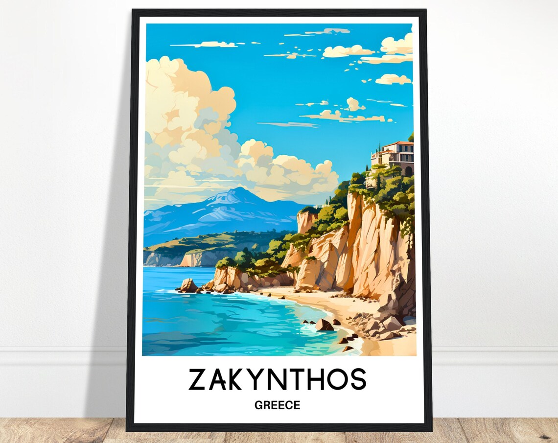 Zakynthos Greece Cliffside Cove Turquoise Beach Island Travel Poster