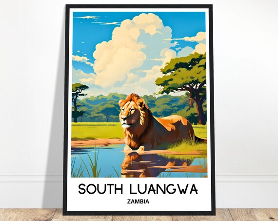 South Luangwa Zambia Lion Waterhole African Safari Travel Poster