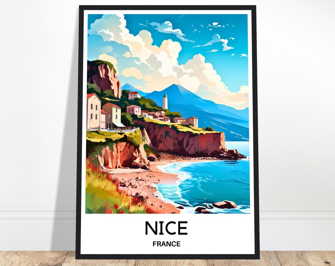Nice French Riviera Cliffside Coast Lighthouse Travel Poster