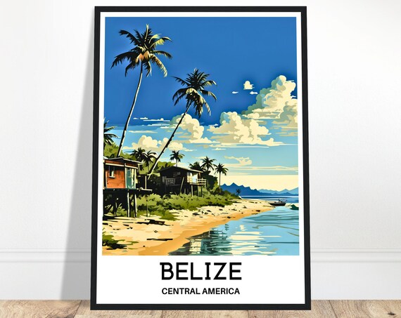 Belize Central America Beach Stilt Houses Palms Travel Art Poster