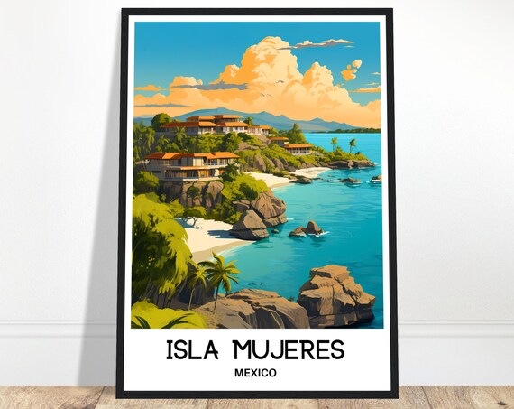 Isla Mujeres Mexico Rocky Coastline Cove Beach Travel Poster