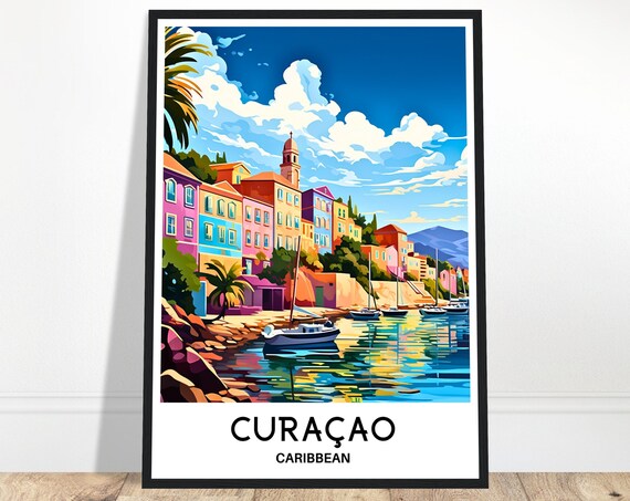 Curacao Caribbean Harbor Colorful Travel Illustration Poster