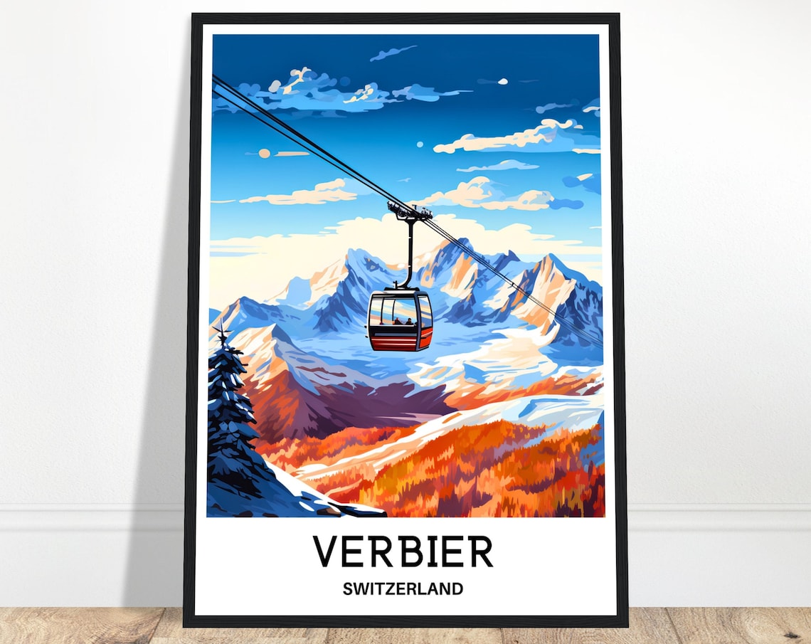 Verbier Switzerland Cable Car Over Snowy Alps In Autumn Travel Poster
