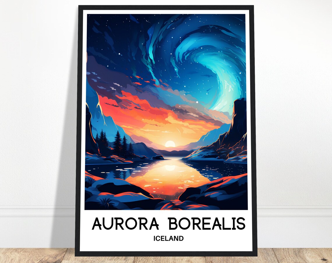 Aurora Borealis Iceland Night Sky Mountain Fjord Travel Poster