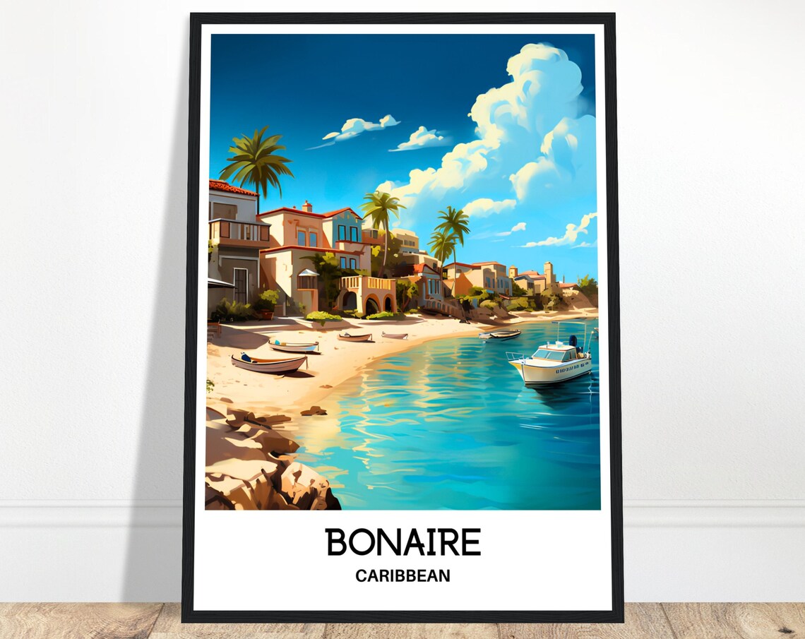 Bonaire Caribbean Harbor Sailboats Waterfront Town Travel Poster