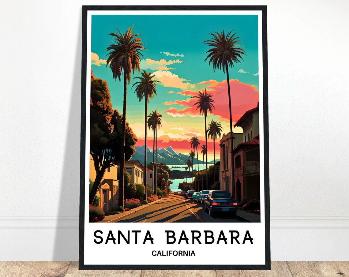 Santa Barbara California Palm Sunset Boulevard Vintage Travel Poster