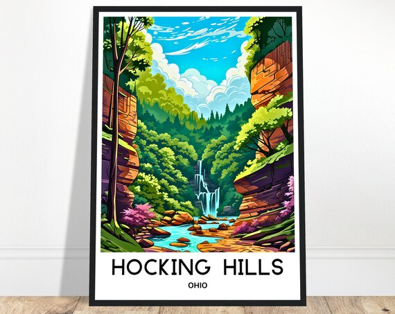 Hocking Hills State Park Travel Print Poster Art Ohio Lover Gift Wall Hanging Illustration Home Decor