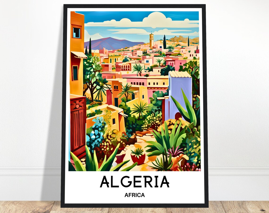 Algeria Colorful Hillside Old Town with Minaret Africa Poster