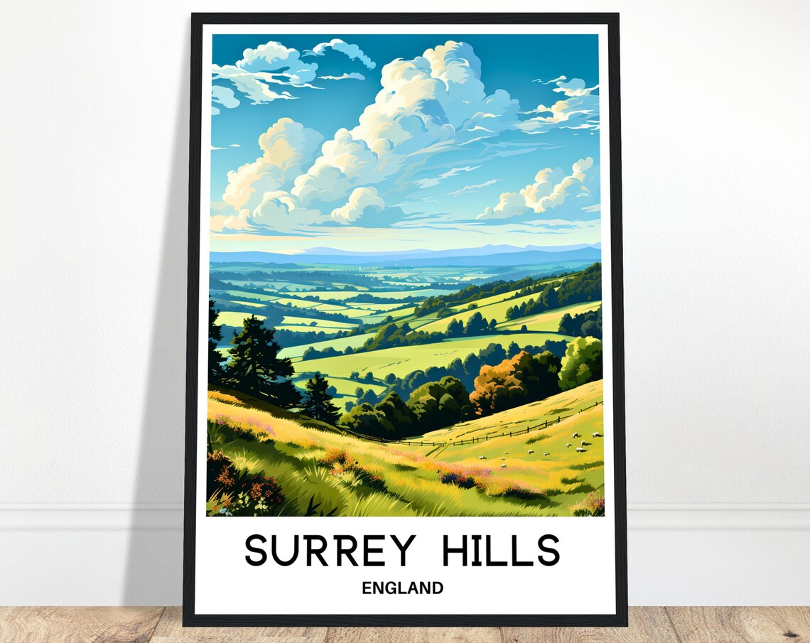Surrey Hills England Rolling Green Countryside Travel Poster