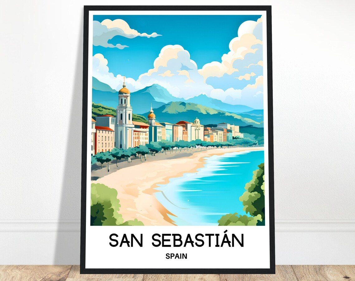 San Sebastian Spain Beachfront Promenade Vintage Style Travel Poster