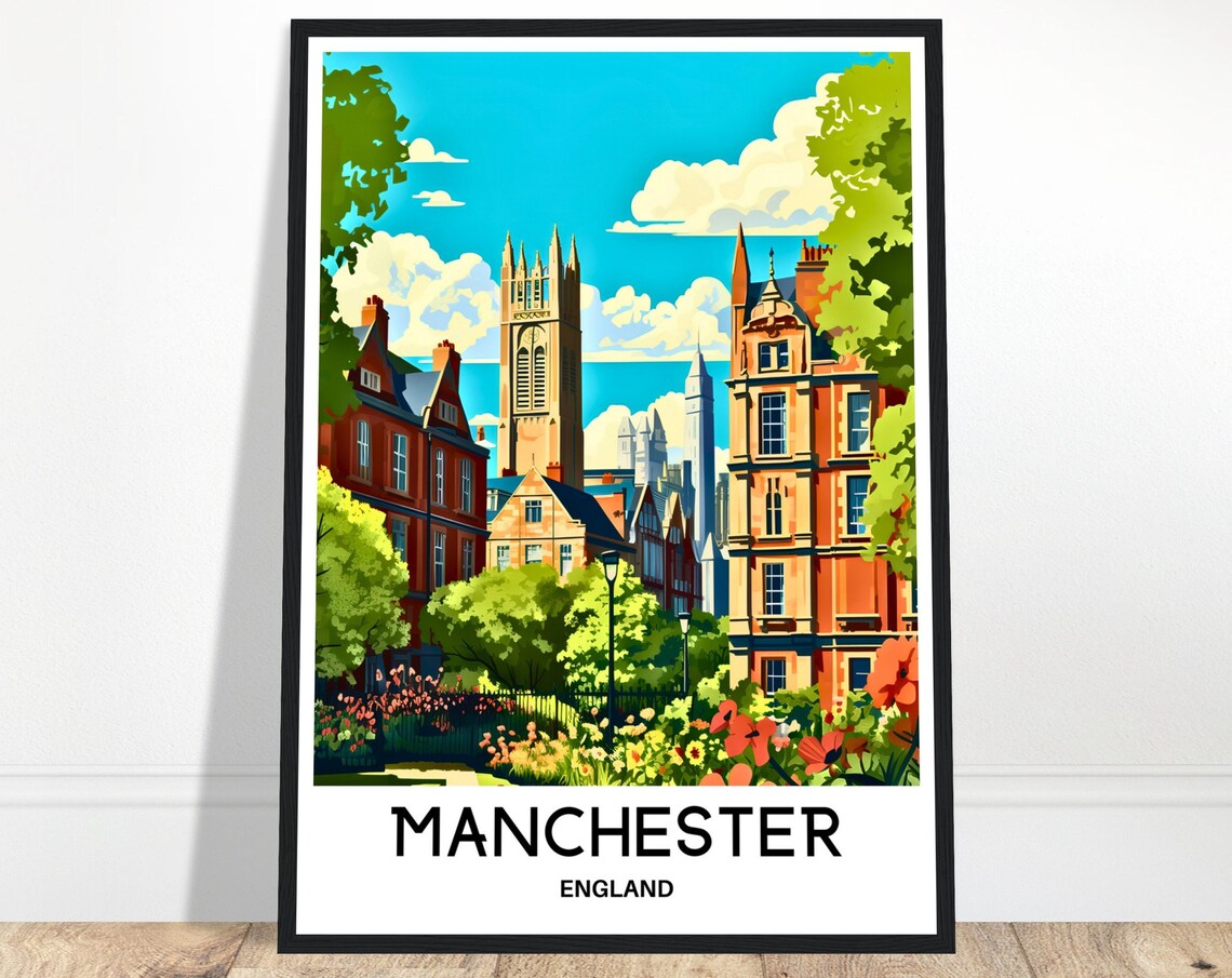 Manchester England Red Brick Church Tower Vintage Travel Poster