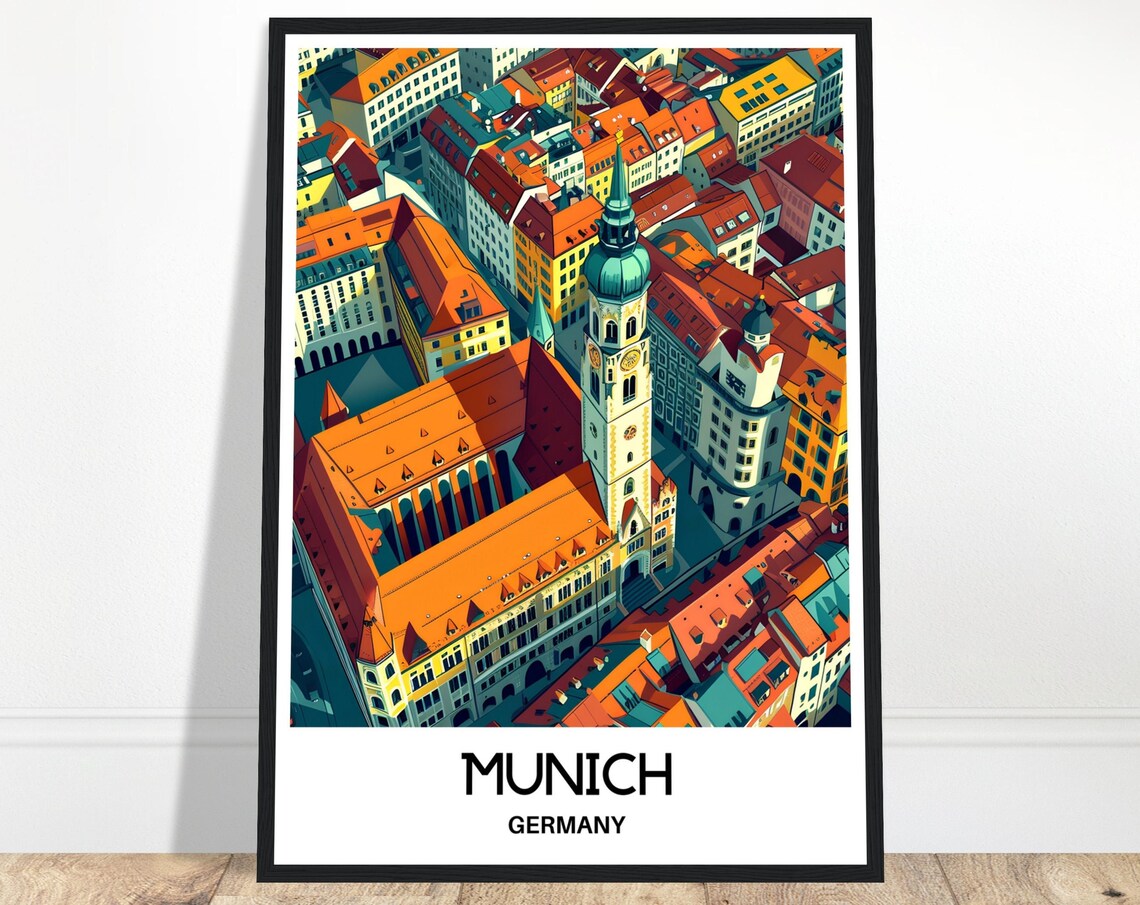 Munich Germany Old Town Rooftops and Church Aerial View Poster