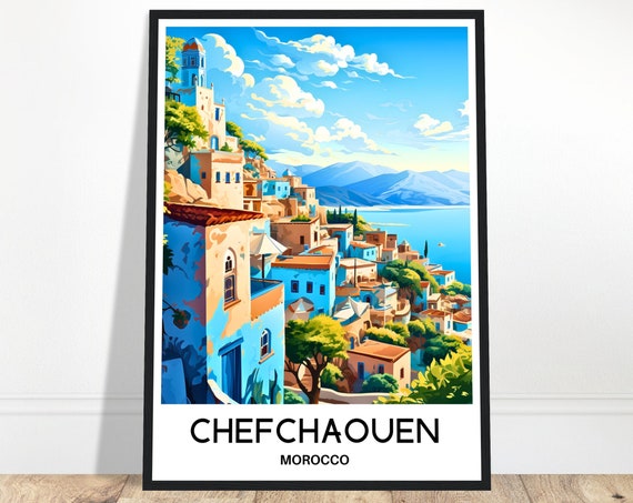 Chefchaouen Travel Print Poster Moroccan Art Morocco Lover Gift Wall Hanging City Illustration Home Decor
