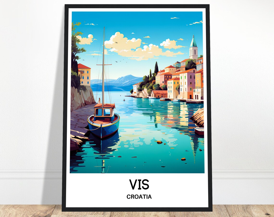 Vis Croatia Harbor Fishing Boat Colorful Old Town Travel Poster