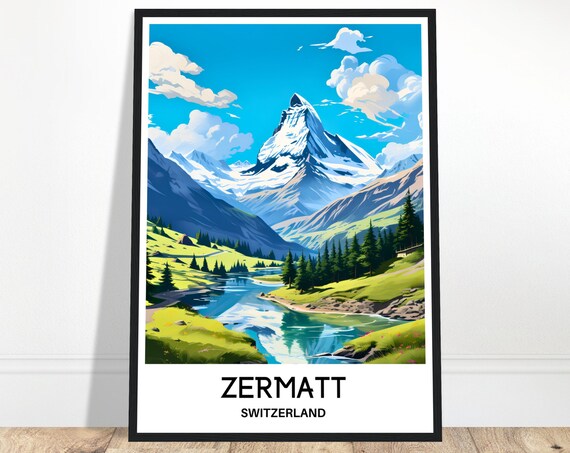 Zermatt Travel Print Poster Swiss Art Switzerland Lover Gift Wall Hanging Home Office Desk Decor Illustration