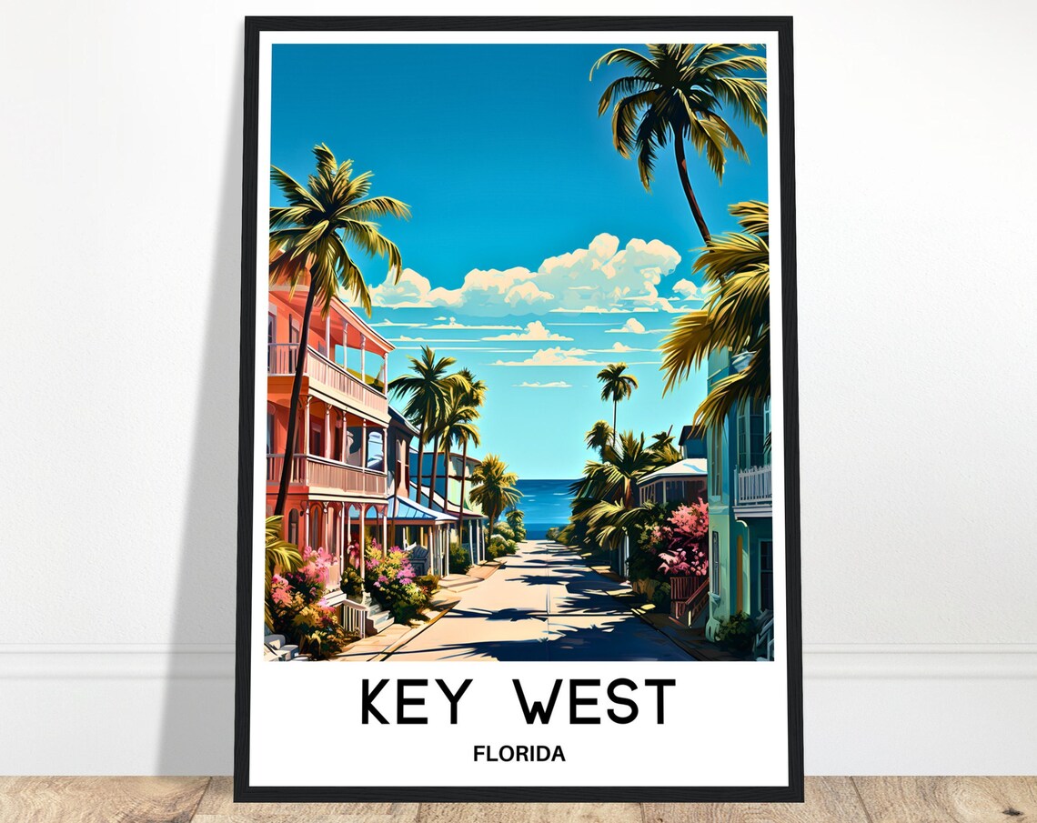 Key West Florida Palm Street Ocean View Tropical Vintage Travel Poster