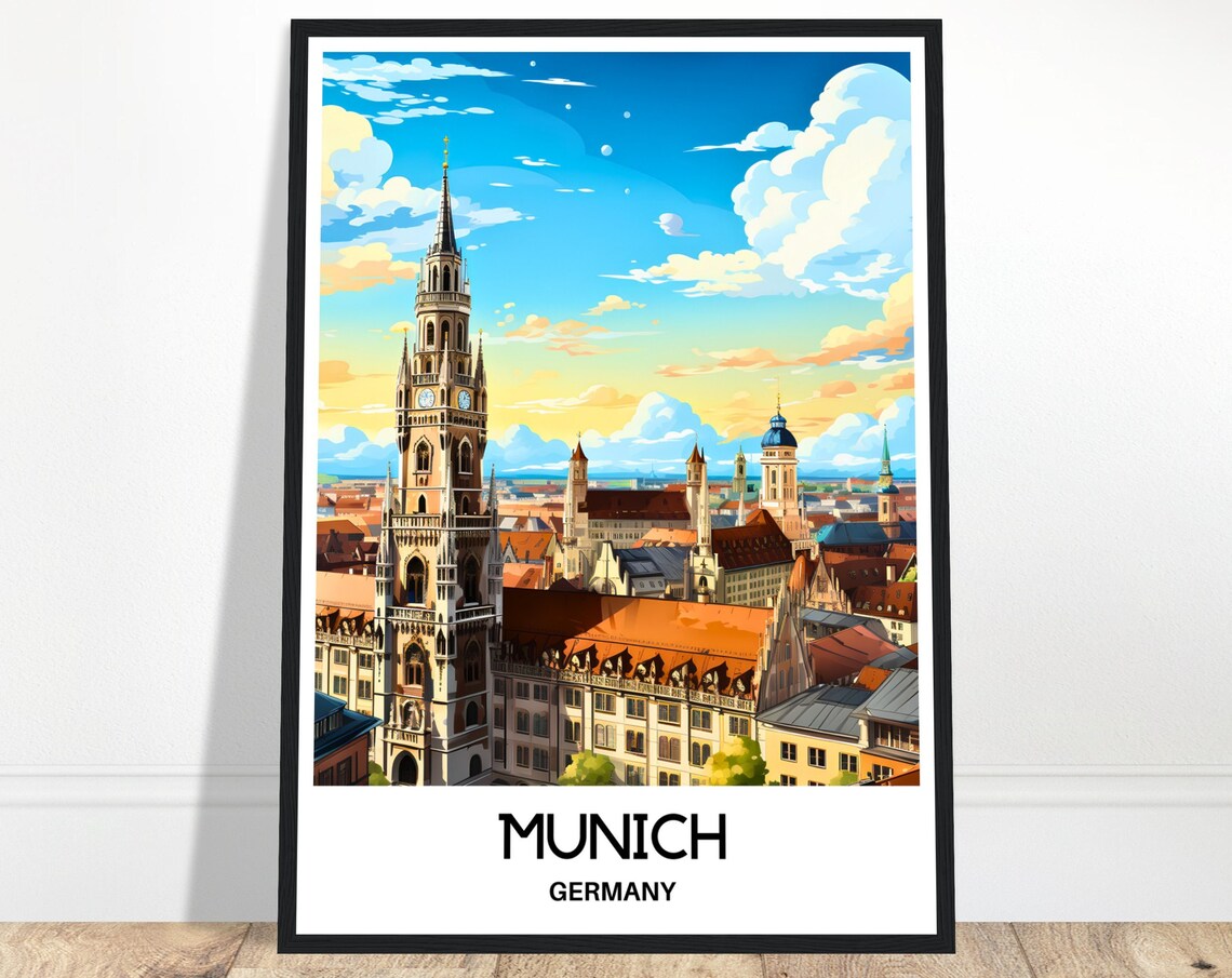 Munich Germany Marienplatz Old Town Skyline Vintage Travel Poster