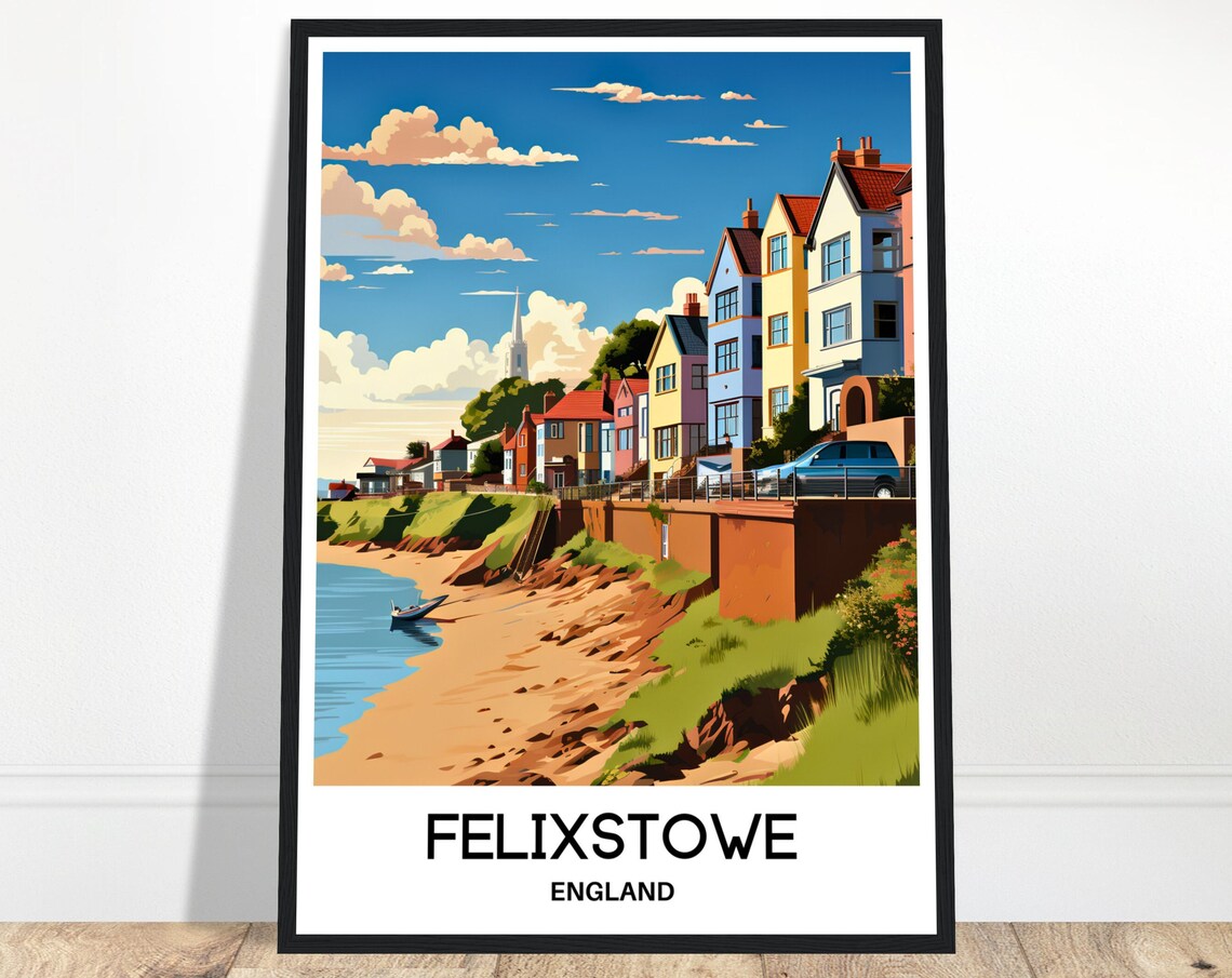 Felixstowe England Seaside Town Colorful Houses Travel Poster