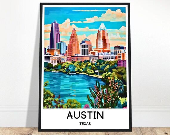 Austin Travel Print Poster Art Texas Lover Gift Wall Hanging City Illustration Home Office Desk Decor