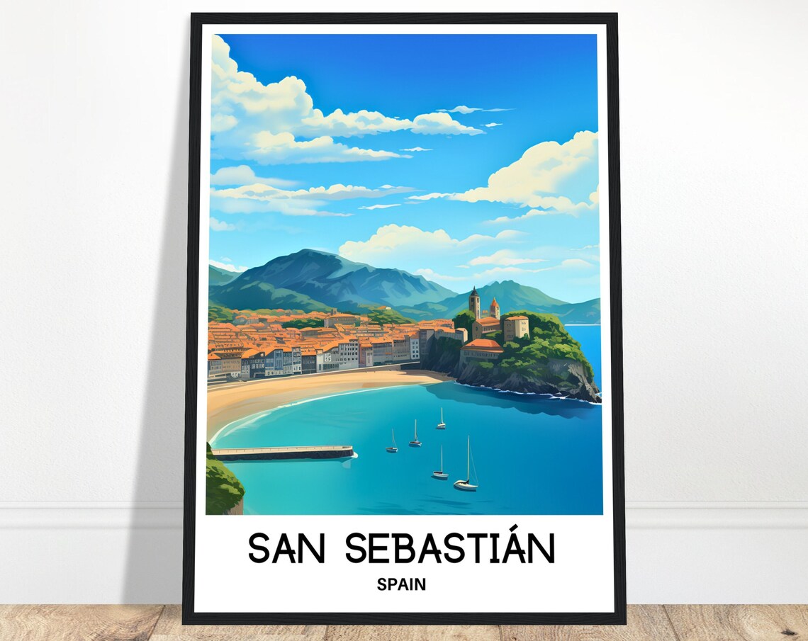 San Sebastian Spain Curved Bay Beach Sailboats Old Town Poster
