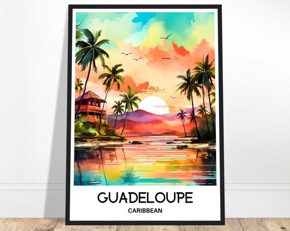Guadeloupe Tropical Sunset Palm Trees Watercolor Travel Poster