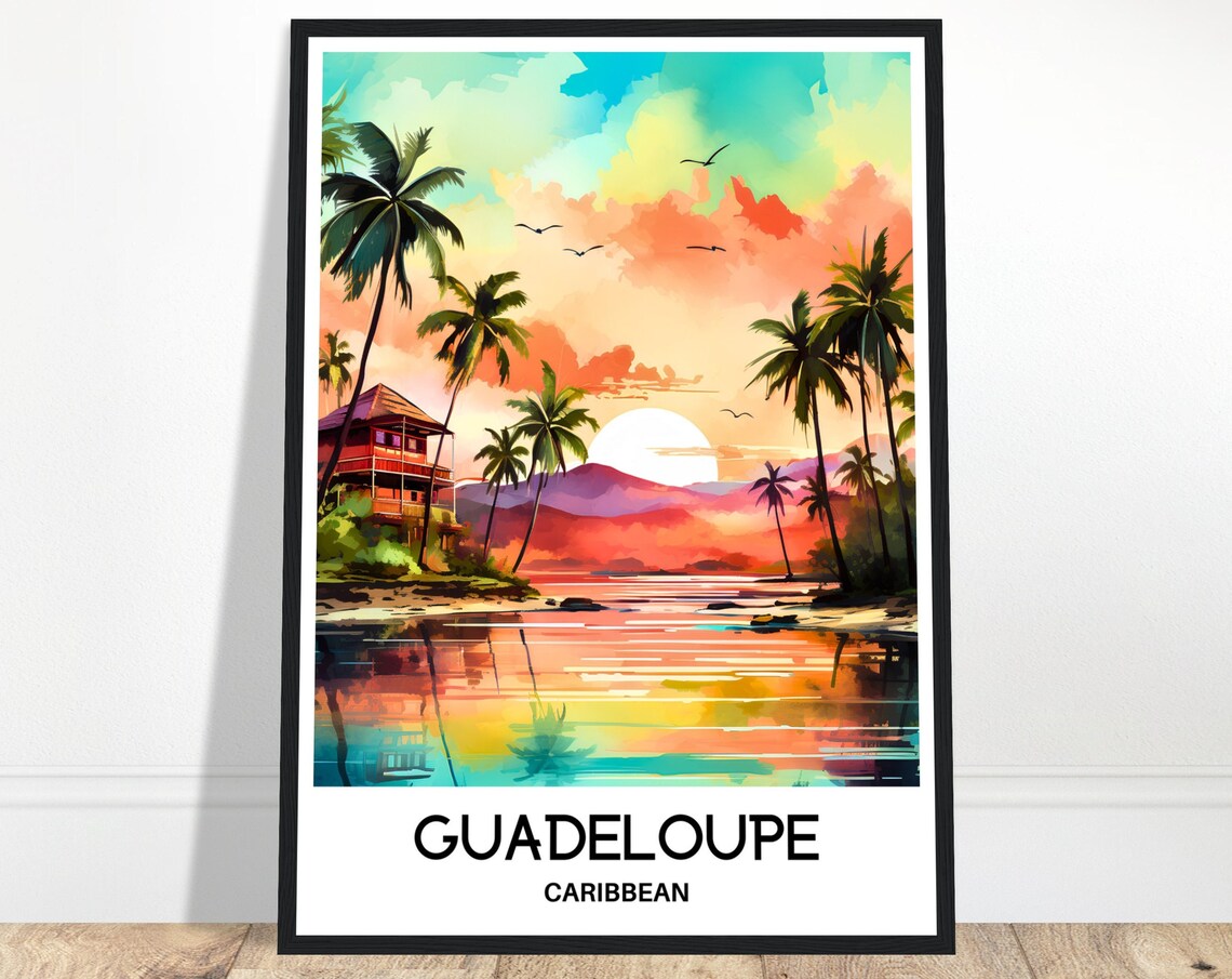 Guadeloupe Tropical Sunset Palm Trees Watercolor Travel Poster