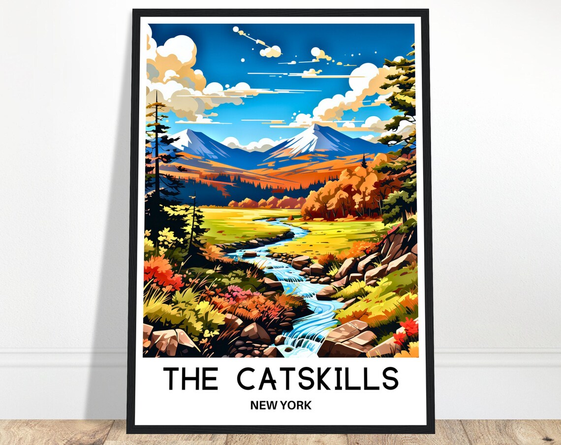 The Catskills New York Fall Mountain Stream Vintage Travel Poster