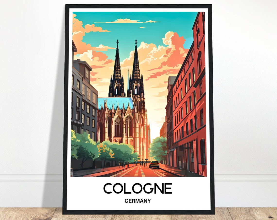 Cologne Cathedral Germany Golden Sunset Street Scene Travel Poster