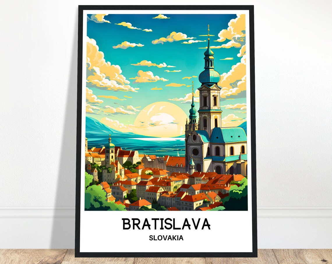 Bratislava Slovakia Blue Church Sunset Old Town Rooftops Travel Poster