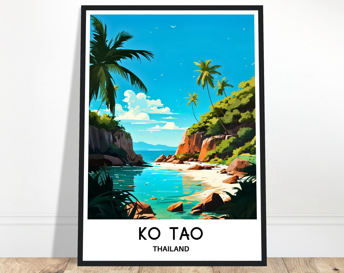 Ko Tao Thailand Rocky Palm Cove Tropical Beach Travel Poster