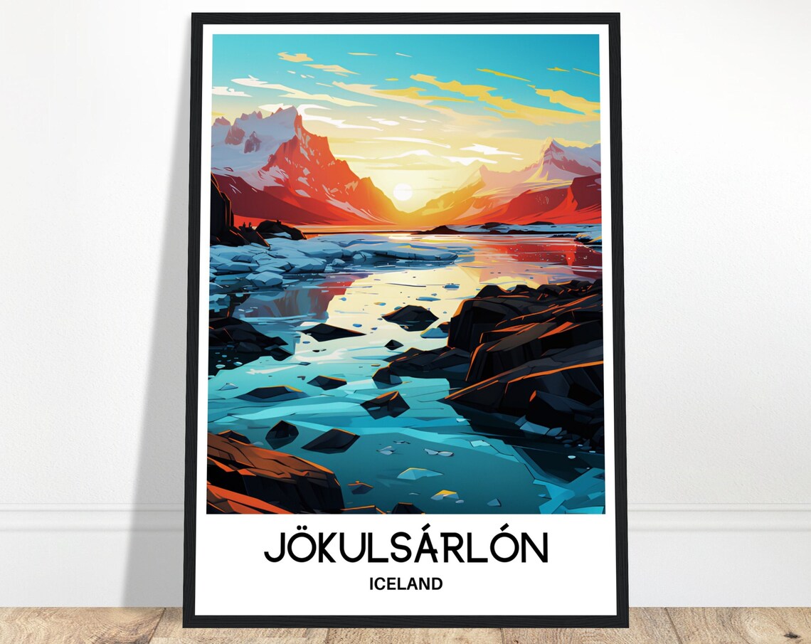 Jokulsarlon Iceland Glacier Lagoon Icebergs Sunset Travel Poster