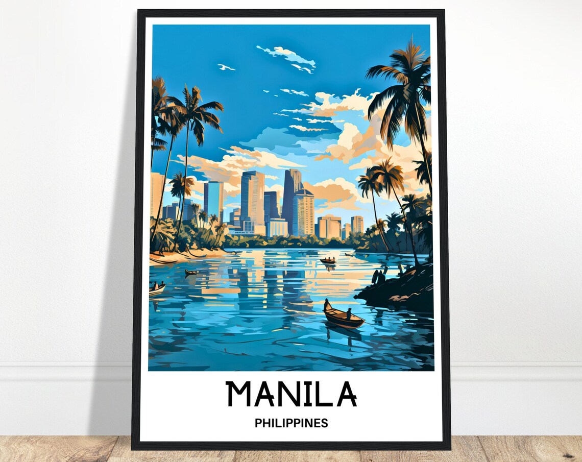 Manila Bay Sunset Harbor Boats Philippines Travel Art Poster