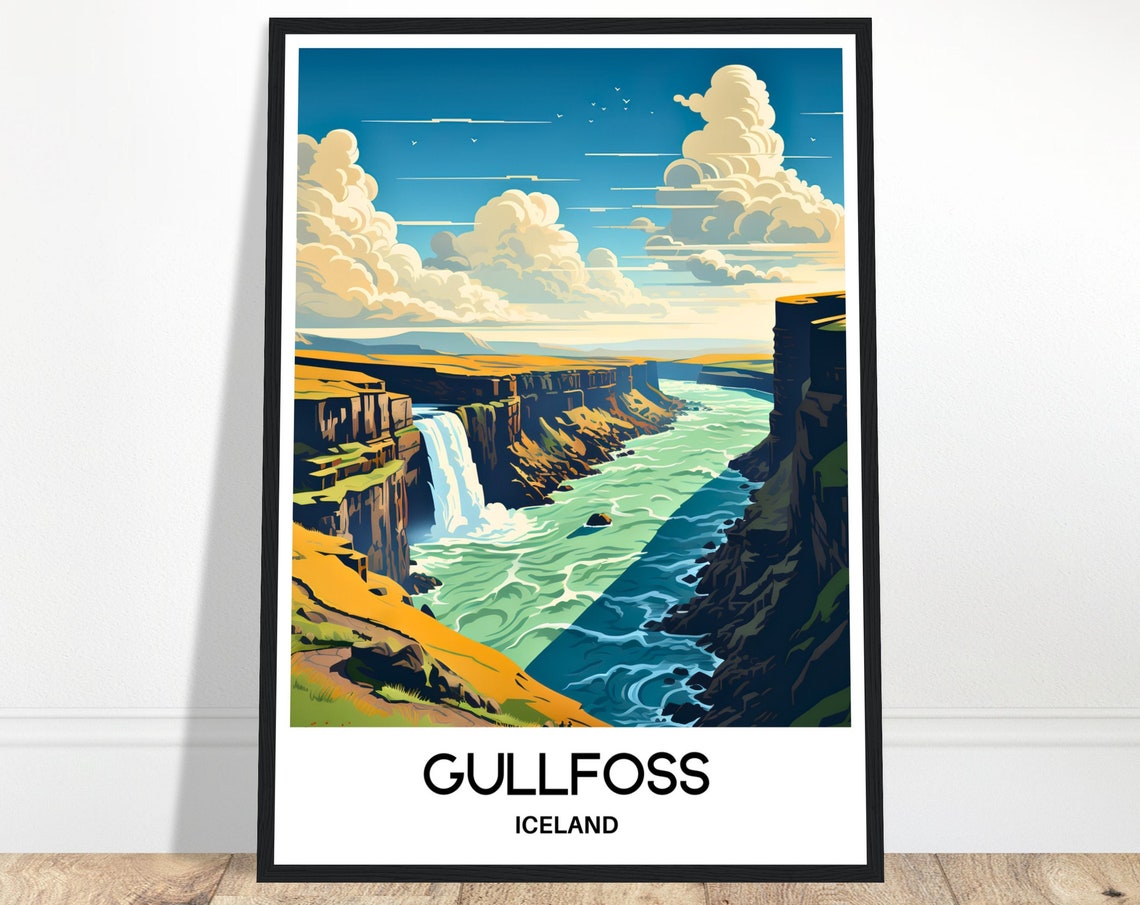 Gullfoss Iceland Waterfall and River Canyon Travel Illustration Poster