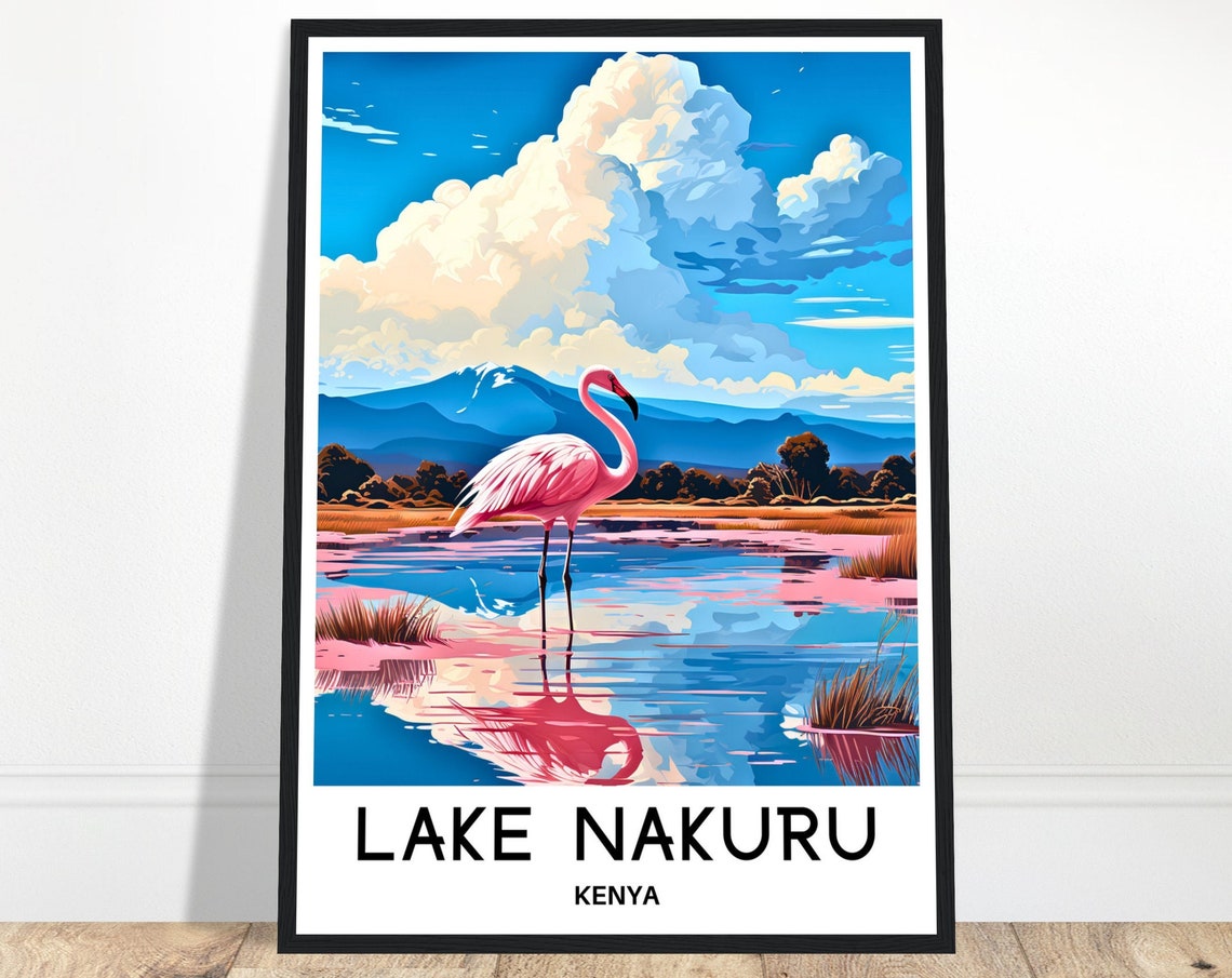 Lake Nakuru Kenya Pink Flamingo Reflection Mountain Travel Poster