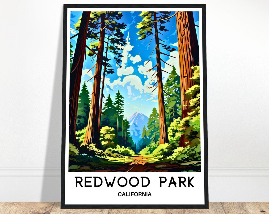 Redwood Park California Giant Redwoods Under Blue Sky Travel Poster