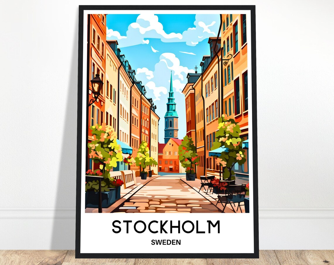 Stockholm Sweden Old Town Cobblestone Street Colorful Travel Poster